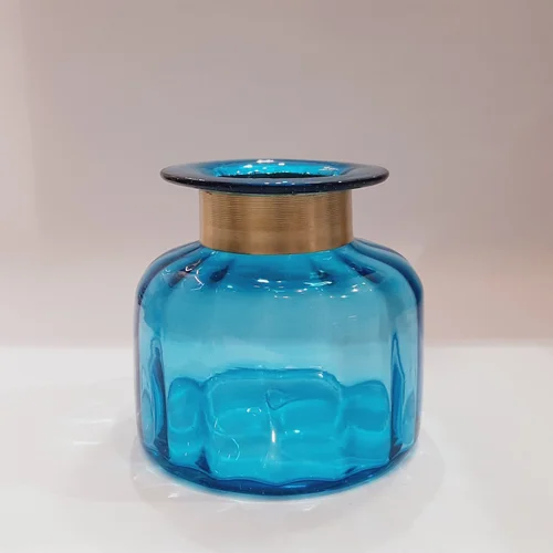 گلدان شیشه ای دستساز طوق دار متوسط آبی ۰۲