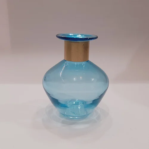 گلدان شیشه ای دستساز طوق دار کوچک آبی