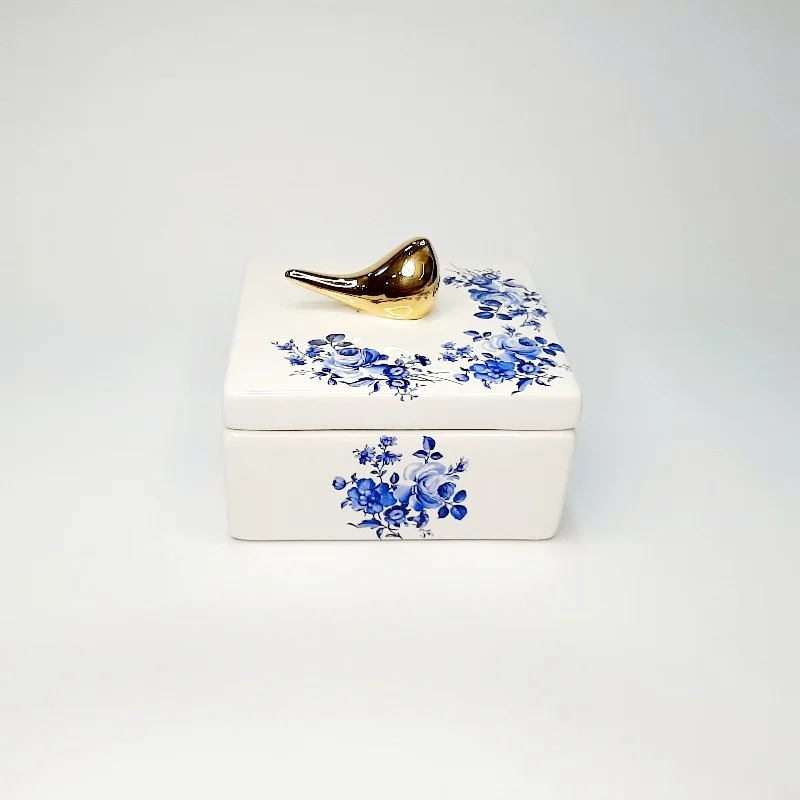 شکلات خوری مربع کوچک گل آبی با پرنده طلا