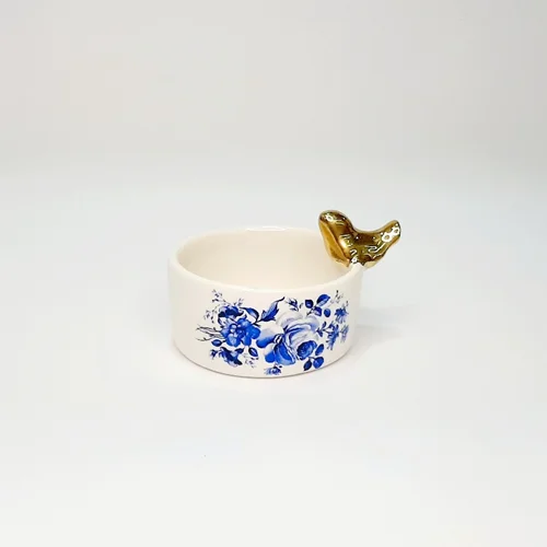 کاسه گل آبی با پرنده طلا سایز ۱