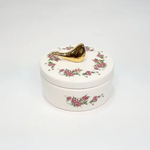 شکلات خوری گرد کوچک گلسرخی با پرنده طلا