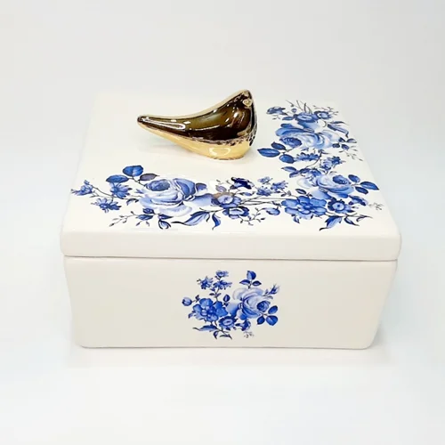 شکلات خوری مربع بزرگ گل آبی با پرنده طلا