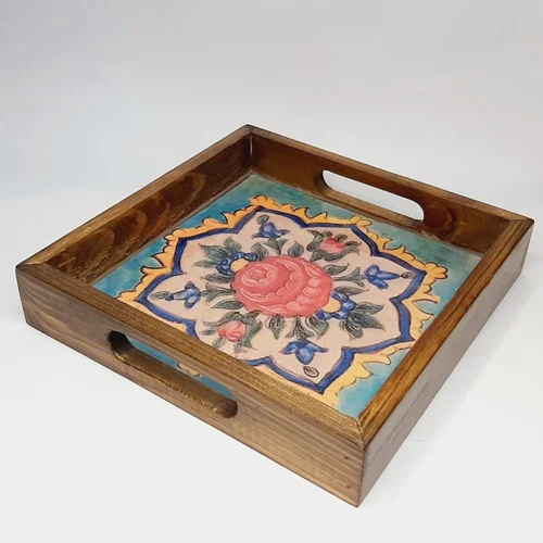 سینی مربع چوبی طرح سنتی کاشی کد ۲۵